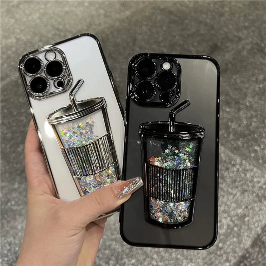 Glitter quicksand milk tea cup mobile iPhone case